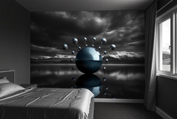 A bedroom with a mesmerizing mural featuring a cosmic sphere and mountain landscape.