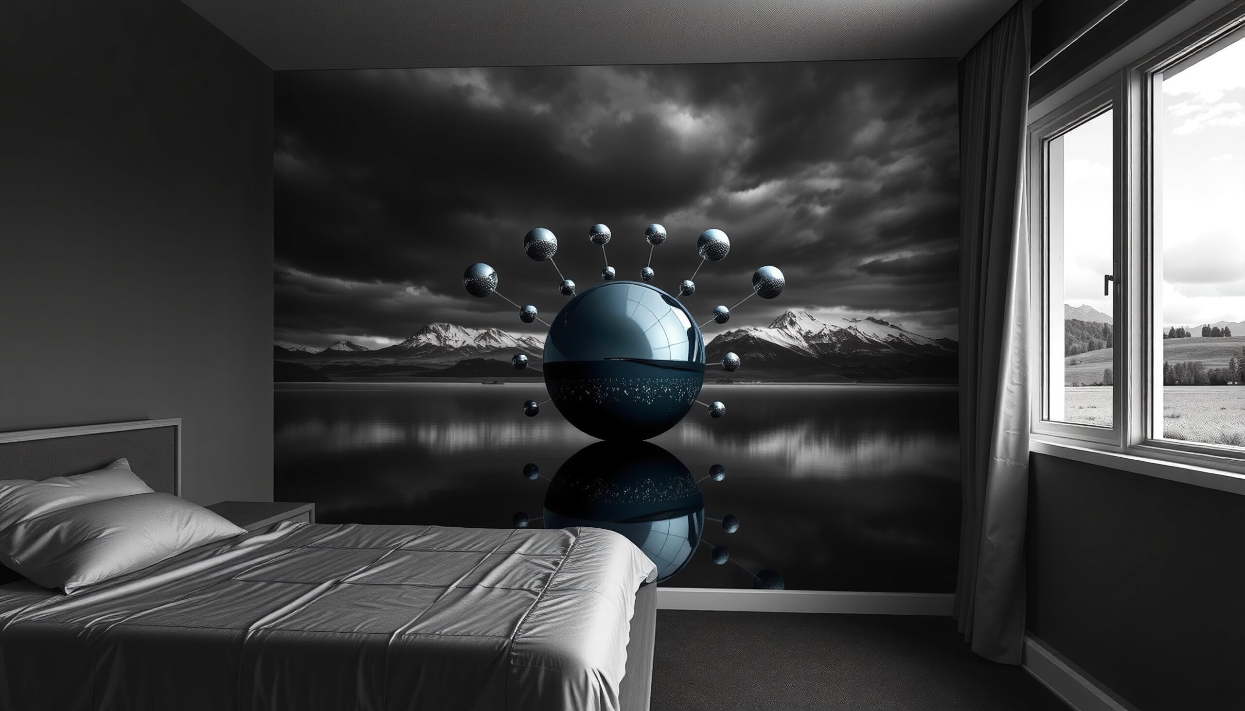 Surreal Bedroom with Cosmic Mural
