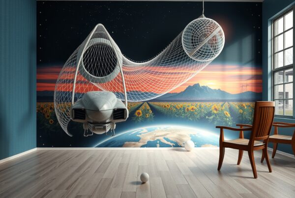Futuristic mural with sci-fi elements in serene room.