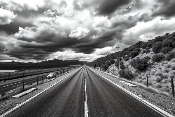 A dramatic black and white photograph of an endless road under a cloudy sky.