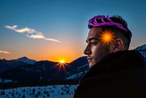 A man with digital headpiece gazes at sunset over snowy mountains.
