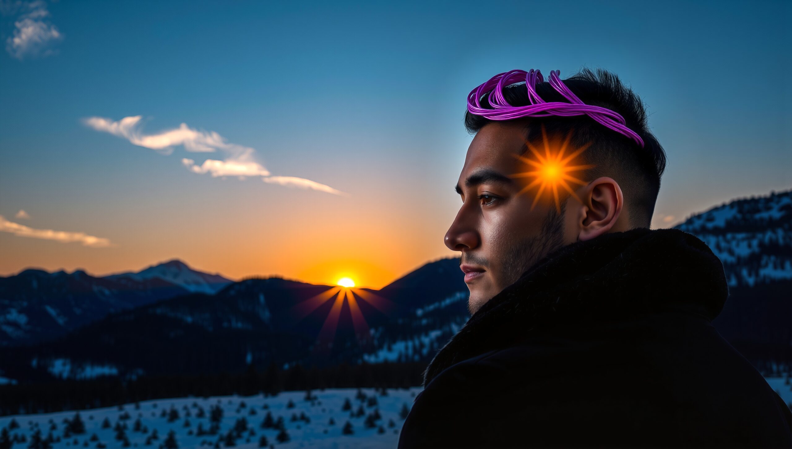 Contemplative Gaze at Sunset Mountains