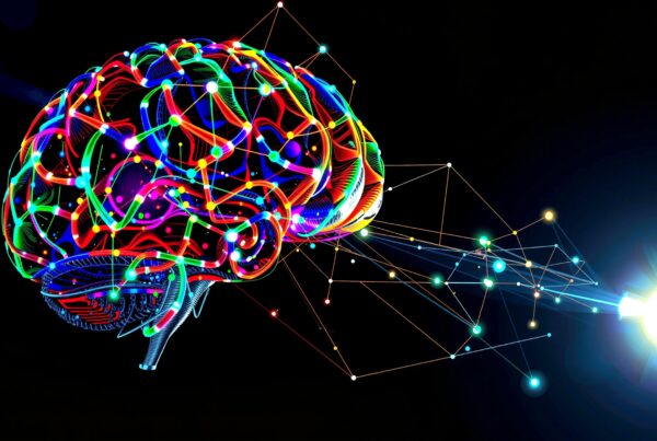 Colorful abstract brain with glowing neural pathways and bright light source.