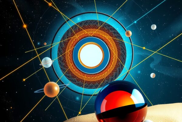 Abstract cosmic scene with colorful planetary shapes, radiant center, and reflective sphere on sand, blending celestial and surreal elements.