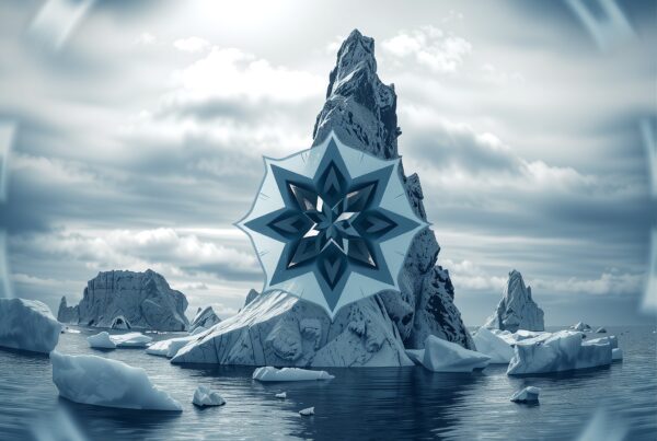 Majestic icebergs with abstract star overlay.