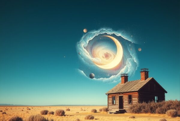 A swirling cosmic phenomenon above a solitary wooden house in a desert landscape.