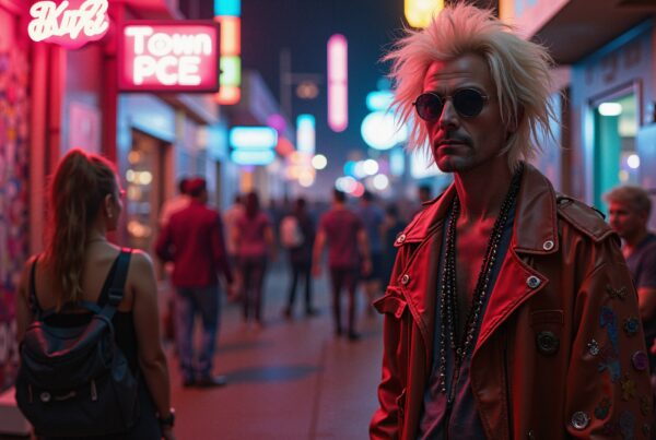 A fashionable man in a red leather jacket stands on a vibrant, neon-lit city street at night, surrounded by a bustling crowd and urban atmosphere.