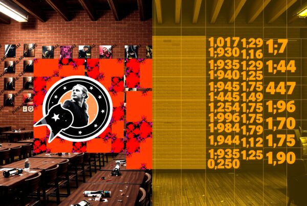 A vibrant room with portraits, numbers, and a central graphic on a brick wall.