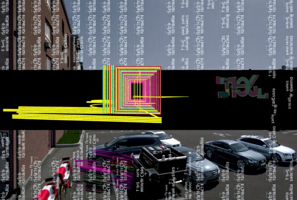 A digitally distorted urban scene with cars and colorful geometric art.