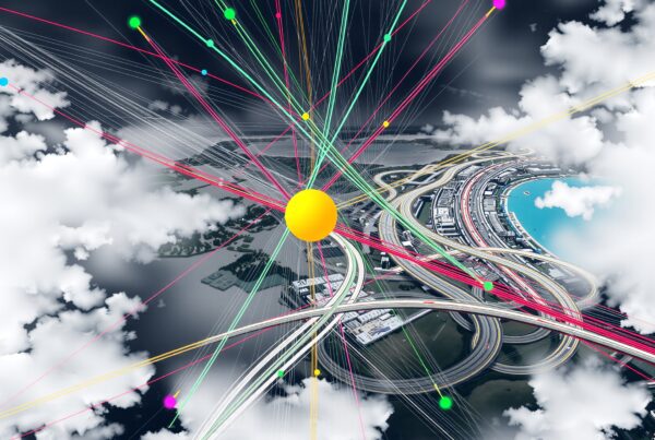 An abstract depiction of interconnected highways beneath colorful, intersecting lines and cloud-covered skies.