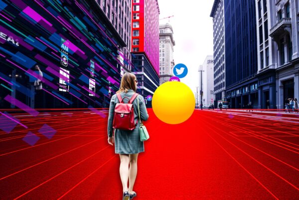A young woman explores a futuristic digital cityscape lined with vibrant red and digital patterns.