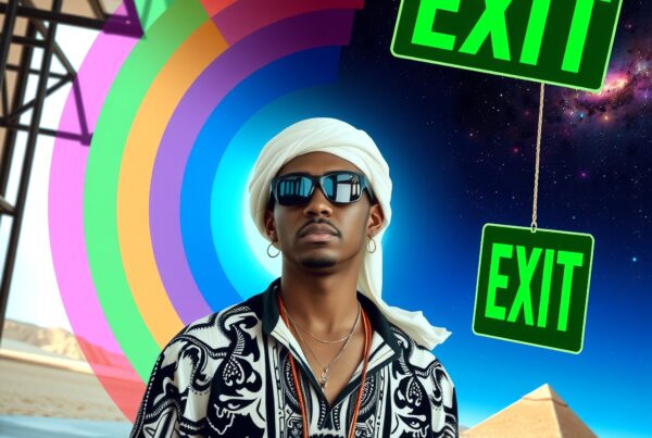 Man in turban with colorful surreal background featuring exit signs and a pyramid.