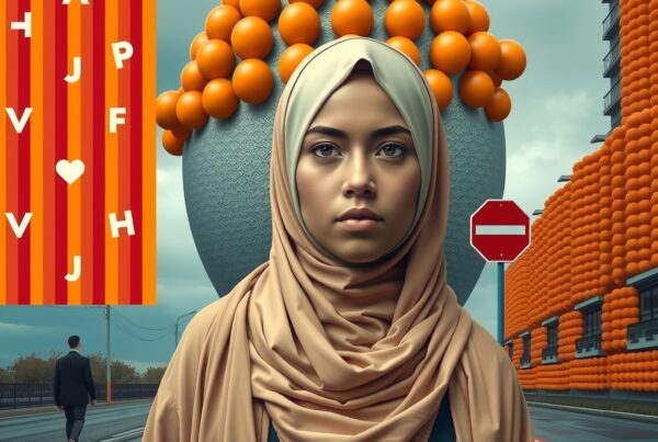A young woman in a beige hijab stands in a surreal urban setting with vibrant orange spherical architecture and a moody sky.