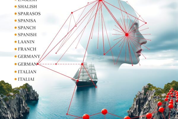 A conceptual seascape with interconnected languages and sailboat.
