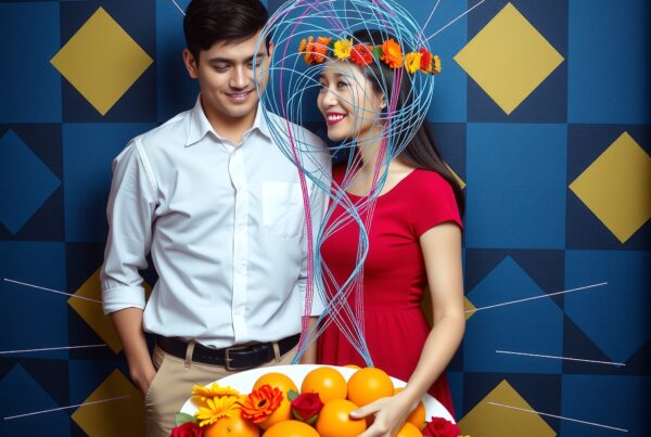 A joyful couple with colorful attire and creative headpiece against a geometric blue background.