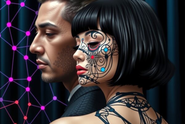 Futuristic couple, digital face markings, network background.