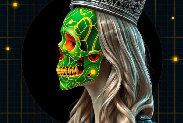 A woman in a neon skull mask and silver crown, set against a cyberpunk-themed background.
