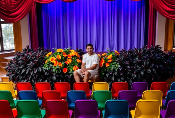 Vibrant theater stage with colorful seating and floral decor.