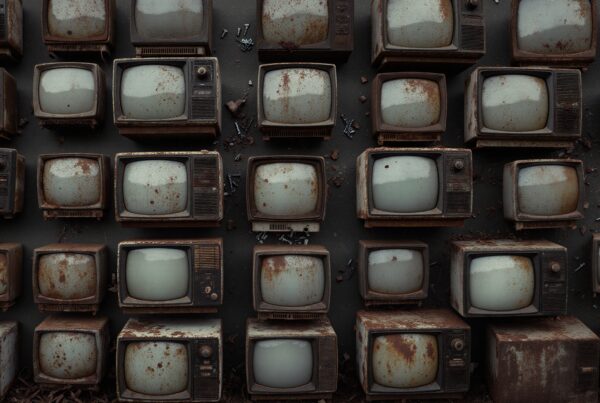 An array of rusty, vintage televisions stacked against a dark backdrop, showcasing signs of decay and nostalgia.