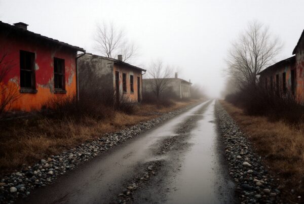 Foggy gravel road with abandoned, colorful buildings and leafless trees in a desolate, misty landscape.