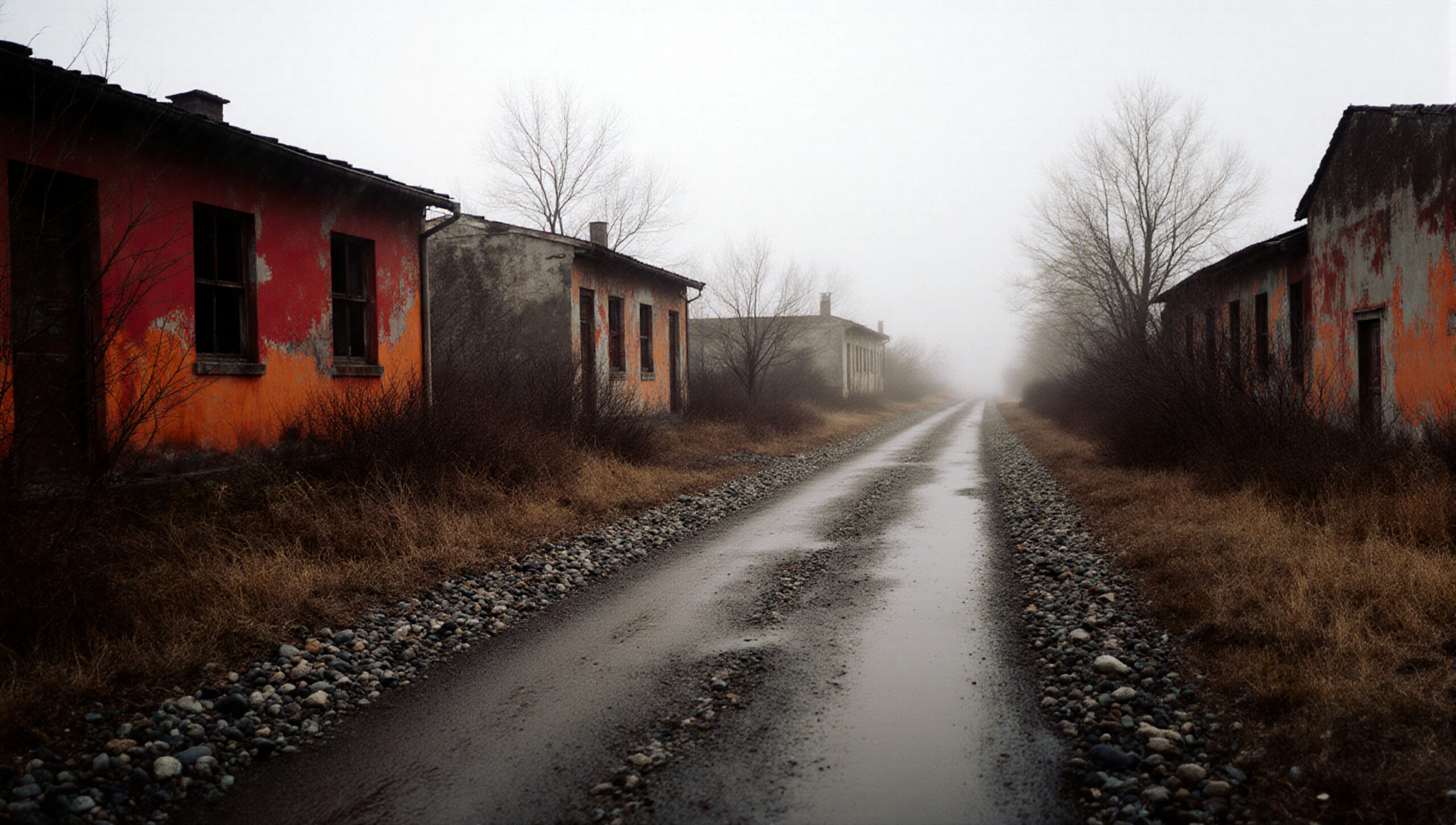 Foggy Road with Abandoned Buildings