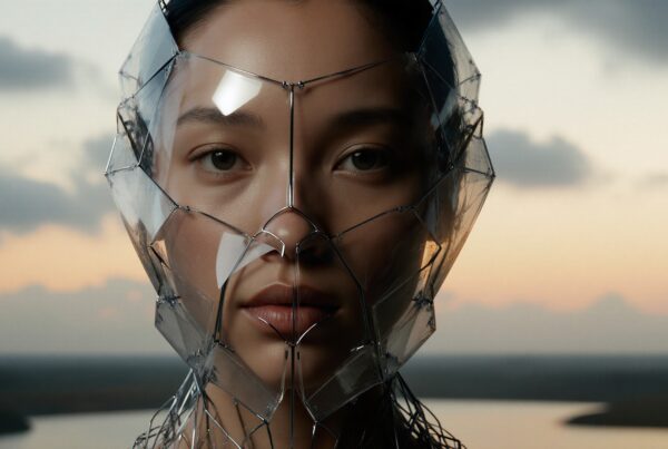A futuristic mask blends with a serene sunset background, uniting human and nature.