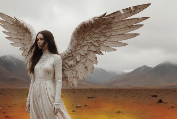 A serene woman in white with large wings standing in a barren desert landscape under a cloudy sky, creating an ethereal and mystical atmosphere.