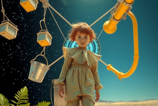 Young child in vintage outfit explores surreal starry desert.