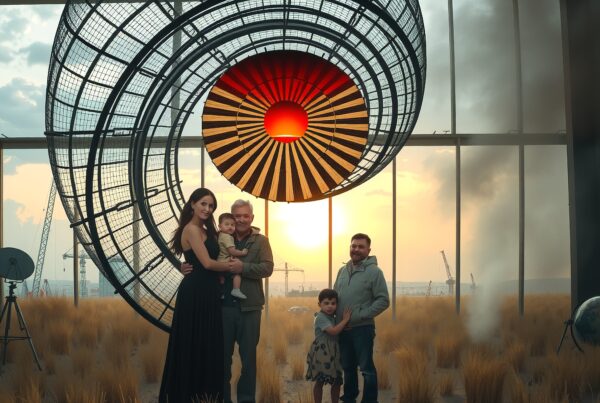 A family stands under a sunlit spiral sculpture in a vast warehouse.