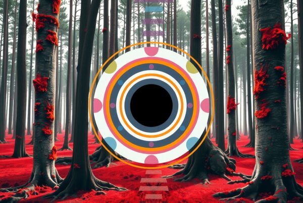 A surreal forest scene with vibrant red foliage and an abstract circular design.