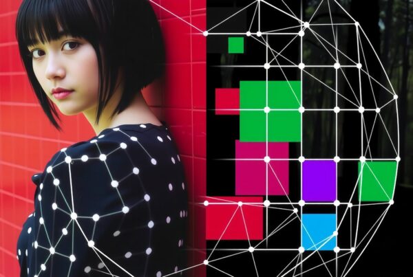 A woman leans on a red tiled wall, her outfit merging with a geometric digital network design, juxtaposing a vivid human and technological interface.