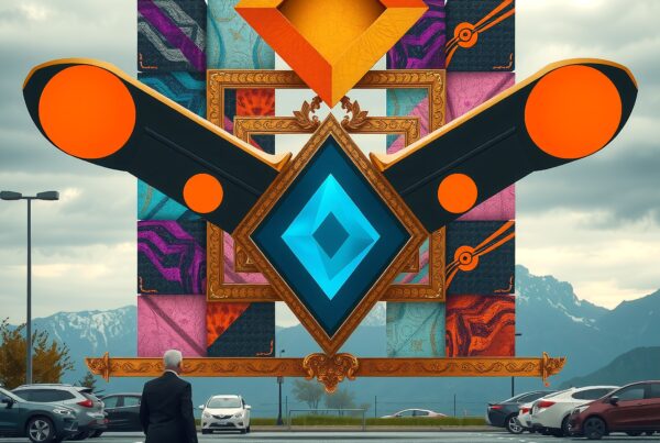 A man stands before a colorful geometric sculpture with mountains in the background.