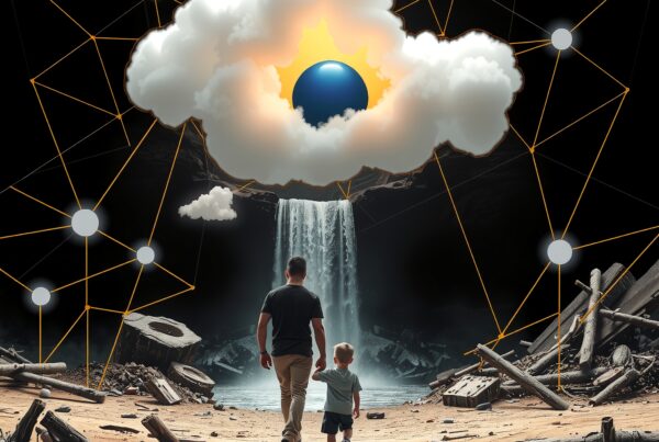 A father and child walking through a surreal landscape of debris and a cascading waterfall under a cloud shaped like an eye.