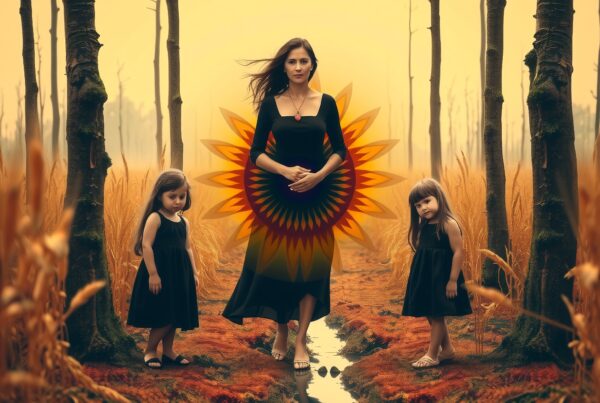 A woman and two children in matching black dresses stand in an autumn forest with a sunflower motif.