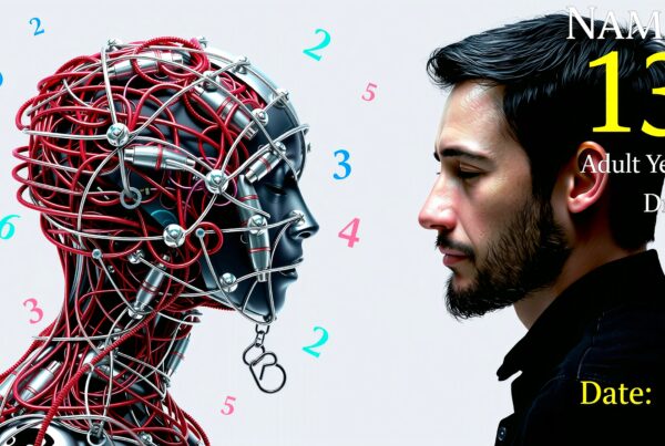 A man faces a robotic figure with numbers floating between them, depicting a futuristic human-robot interaction scene.