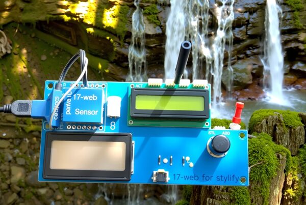 A blue circuit board with electronic components set against a background of a moss-covered waterfall.