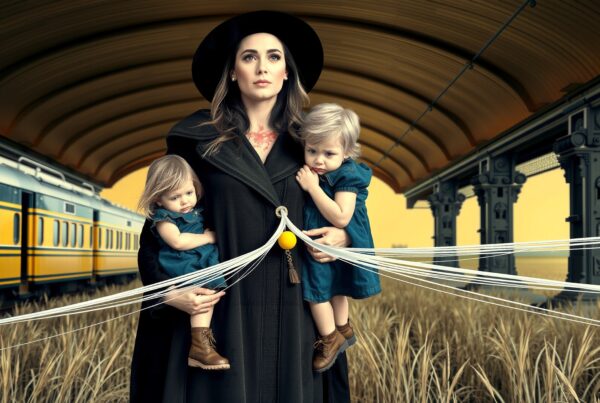 A woman in black coat holding two children at a train station, surrounded by grass and strings.