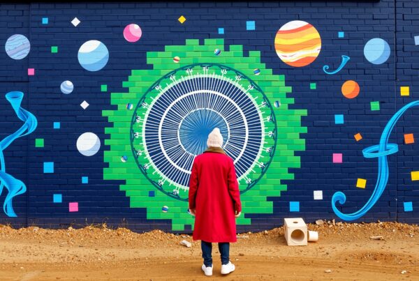 Person in red coat faces cosmic-themed mural on brick wall with planets and circular design.