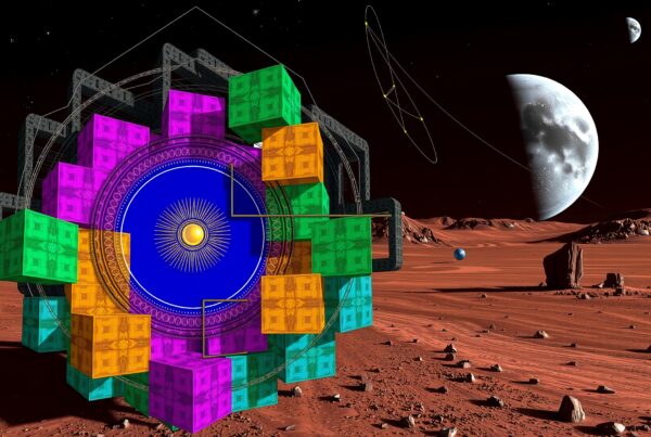Futuristic geometric structure on Mars with colorful cubes and celestial bodies in a surreal cosmic scene.