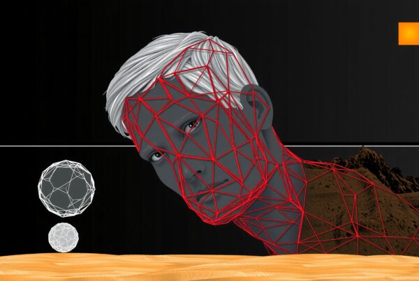 A digital artwork featuring a grayscale face overlaid with red polygons in a desert landscape with abstract elements.