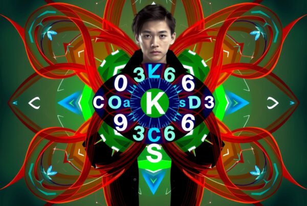 A person stands against an intricate geometric pattern background, featuring numbers and letters, with vibrant colors and a modern mandala design.