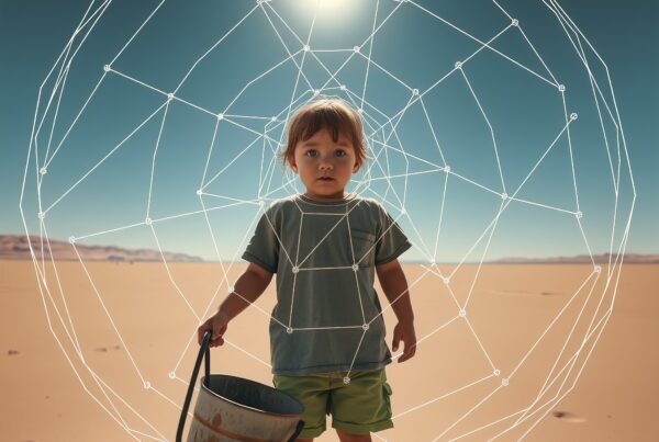 A child stands barefoot in a desert under a geometric dome pattern.