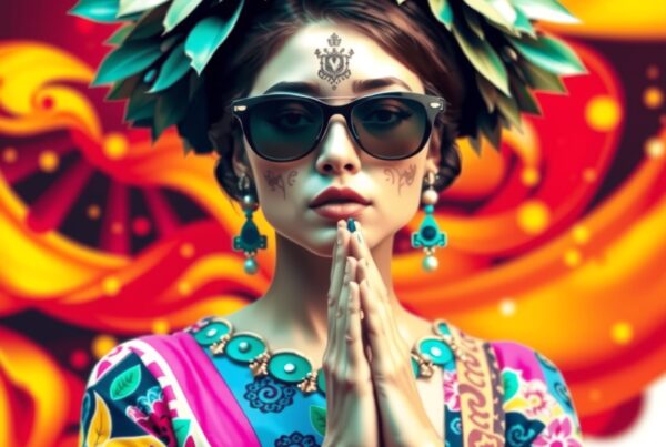 Colorful woman with sunglasses and a floral headdress against a bright, abstract background.