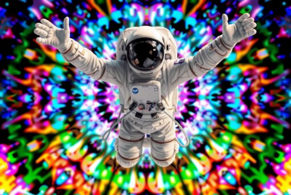 A white-suited astronaut floats in a vibrant, psychedelic kaleidoscope background.