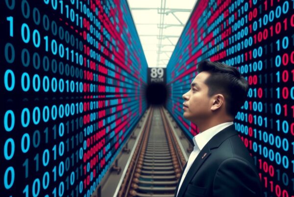A man in a digital-themed subway tunnel with binary code walls.