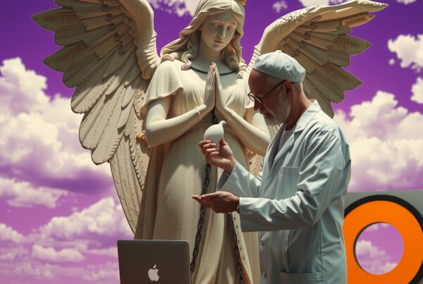 A scientist examines an object beside an angel statue under a purple sky.