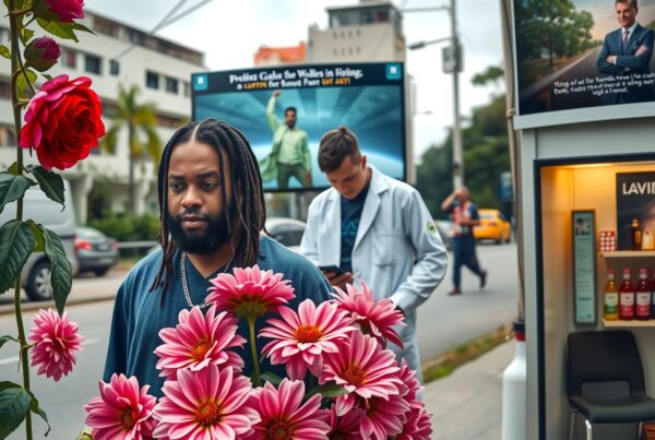 Man standing near vibrant flowers in a bustling city street.