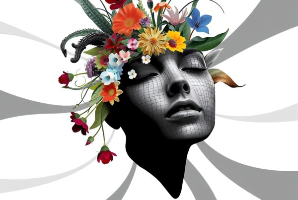 A surreal digital artwork featuring a black face with a colorful floral headdress on a white background.