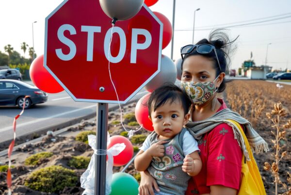 A masked woman holds a child next to a decorated stop sign on a roadside.