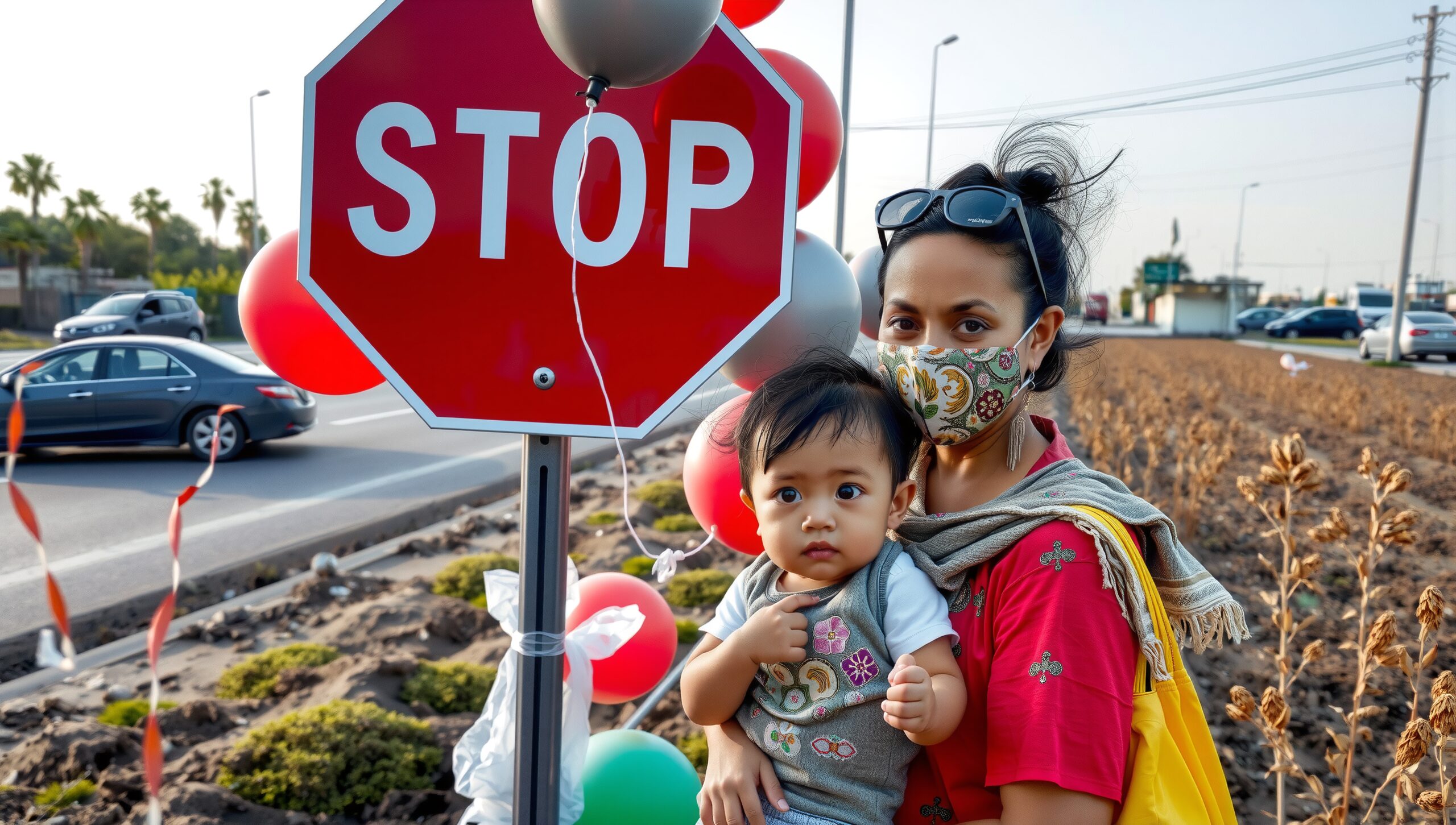 Roadside stop sign with balloons